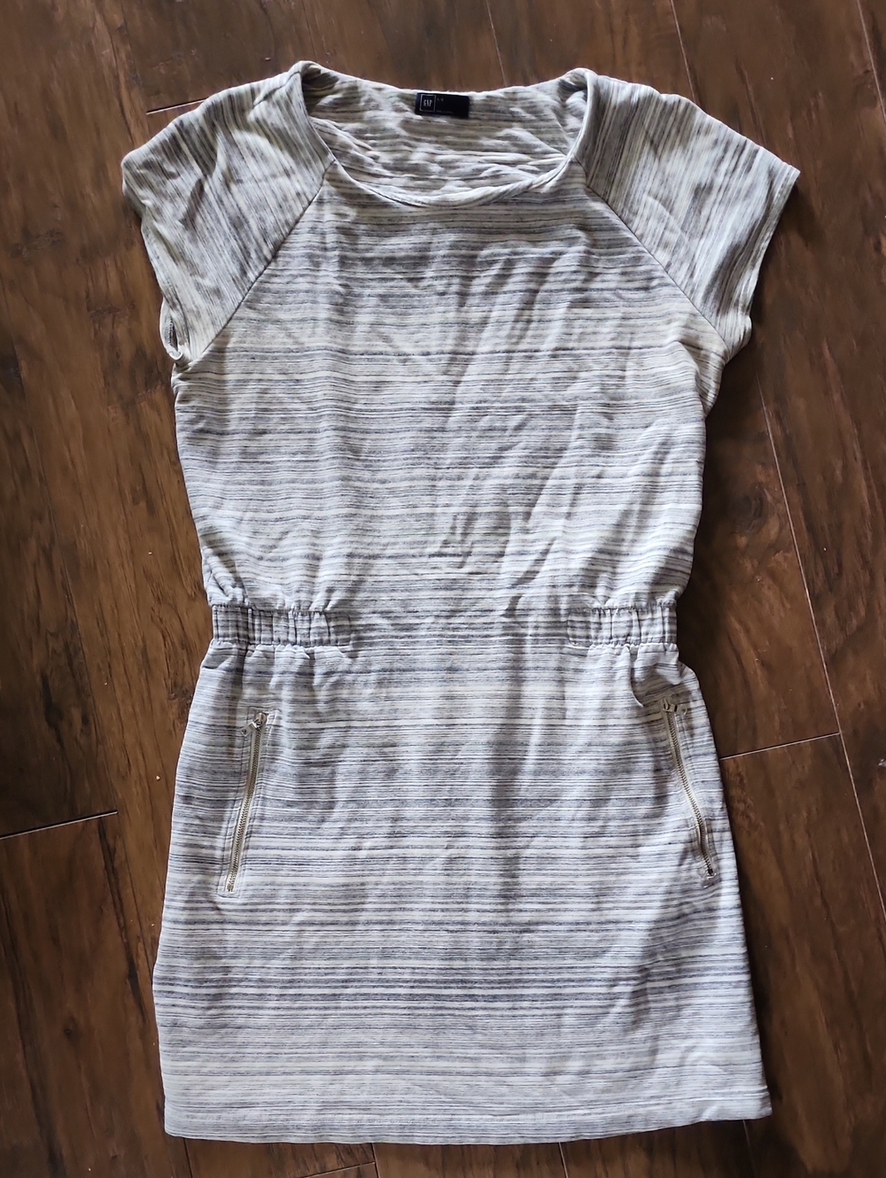 GAP Striped Short Sleeve Drawstring Waist Dress - Cream/Gray